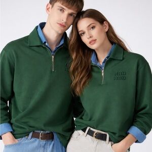 Miu Miu Logo Half-Zip Cotton Jersey Sweatshirt Green Medium Italy Unisex